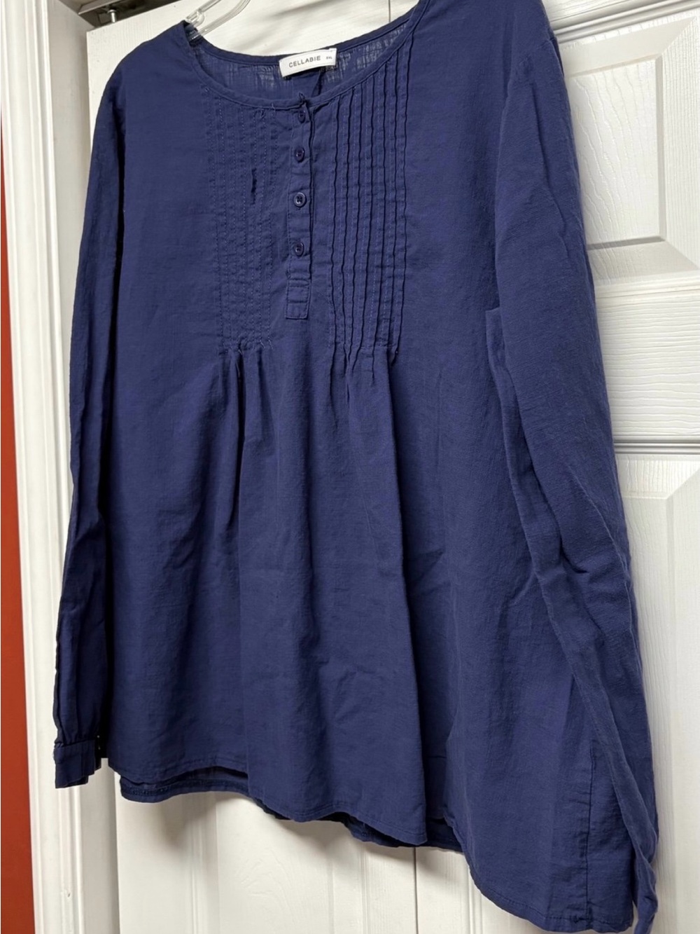 70% Cotton Navy Pintuck Button-Front Blouse